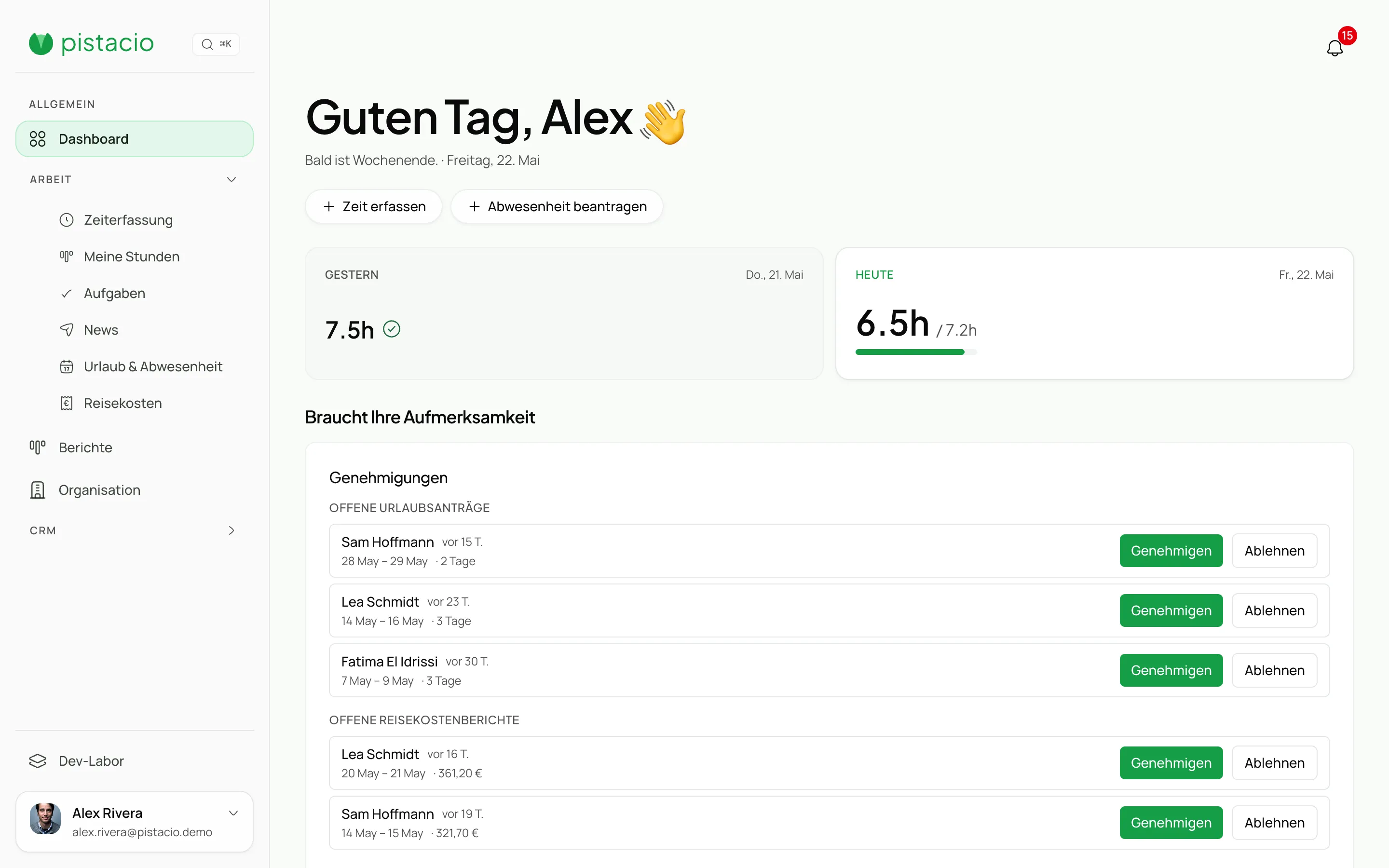 Dashboard-Übersicht mit Kennzahlen, Team-Aktivität und Schnellzugriff auf alle Bereiche.