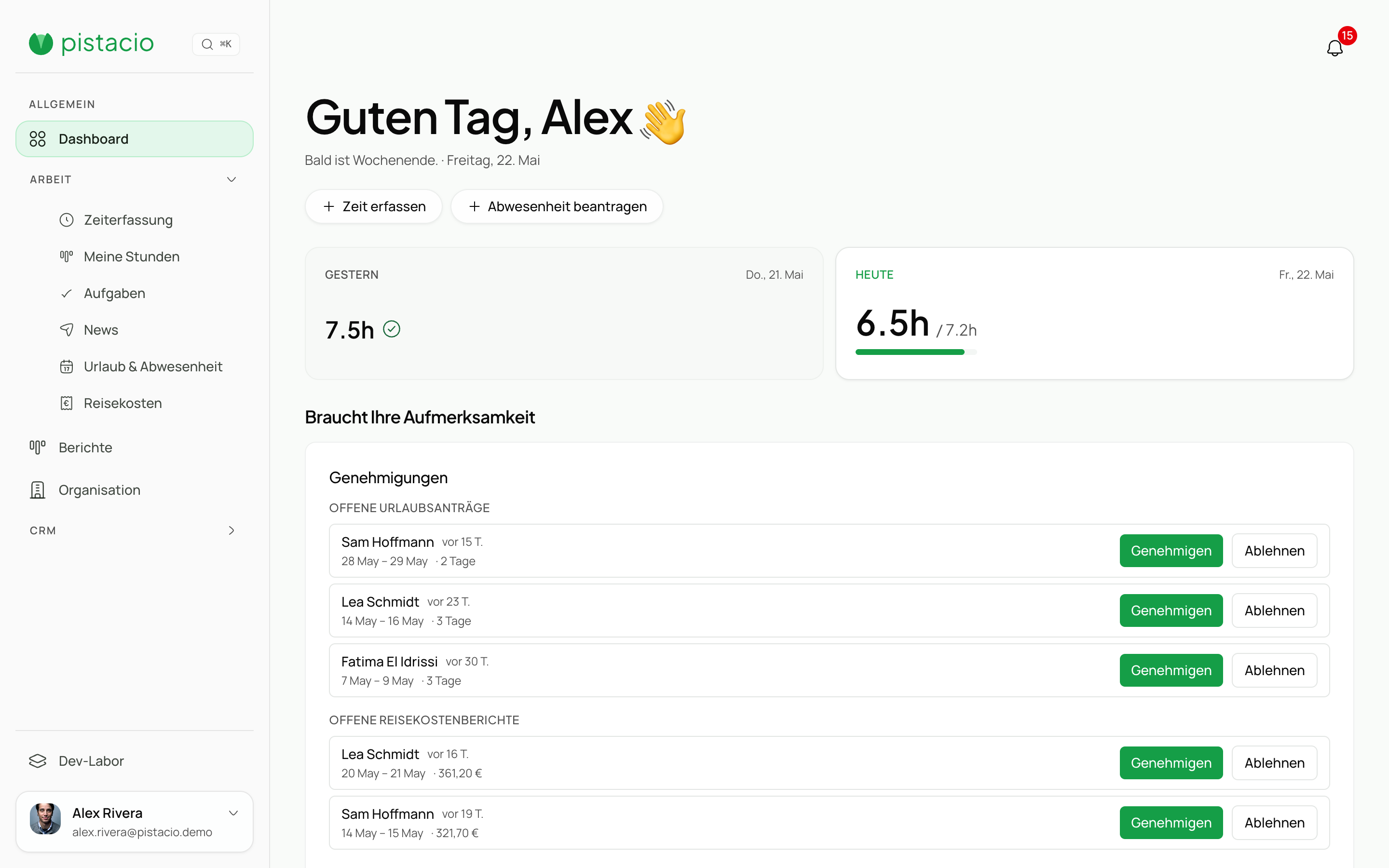 Dashboard-Übersicht mit Kennzahlen, Team-Aktivität und Schnellzugriff auf alle Bereiche.
