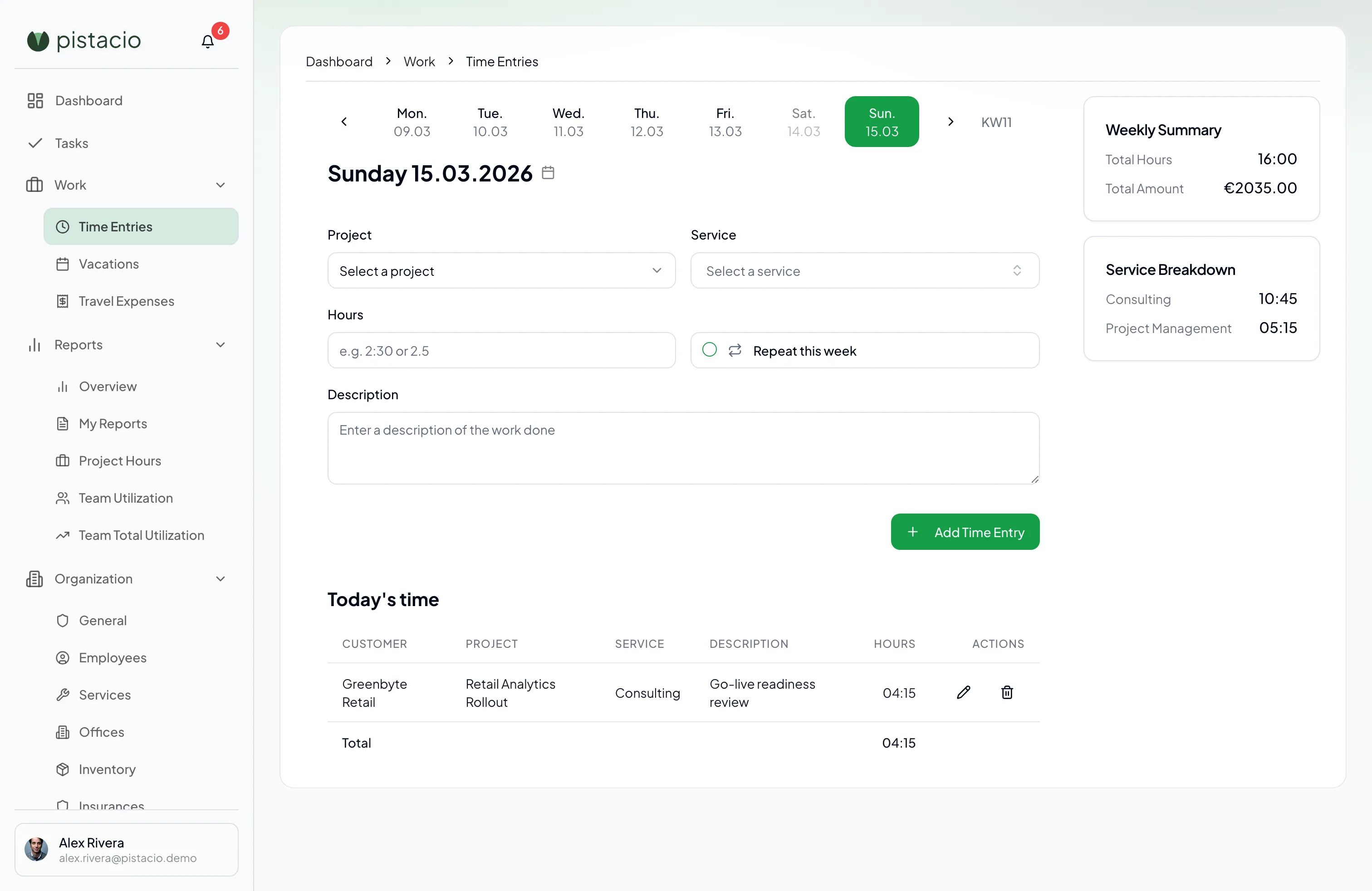 Time-tracking view with project selection, entries, and team context.