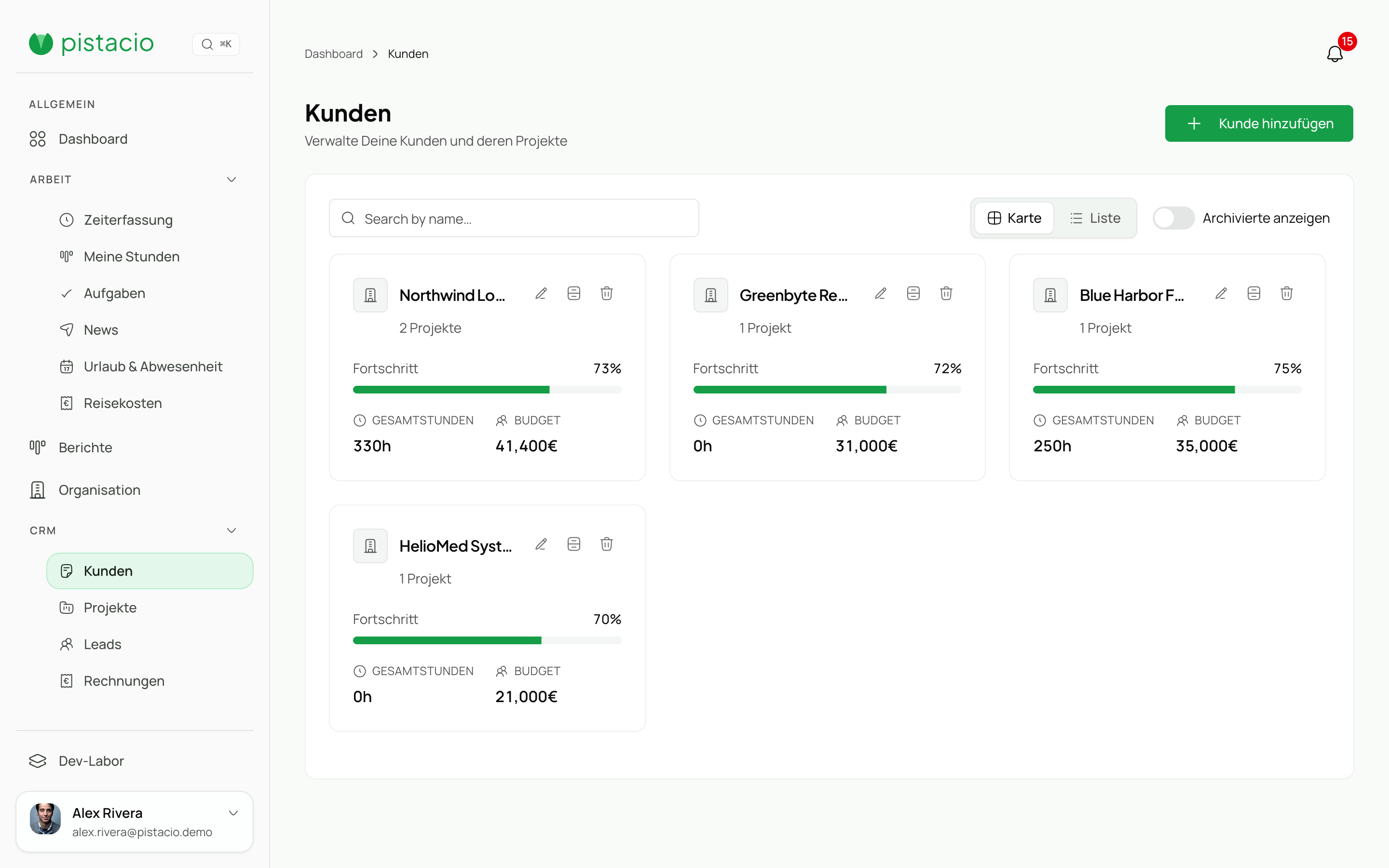 Kundenansicht mit Kontakten, Status und zugehörigen Projekten.