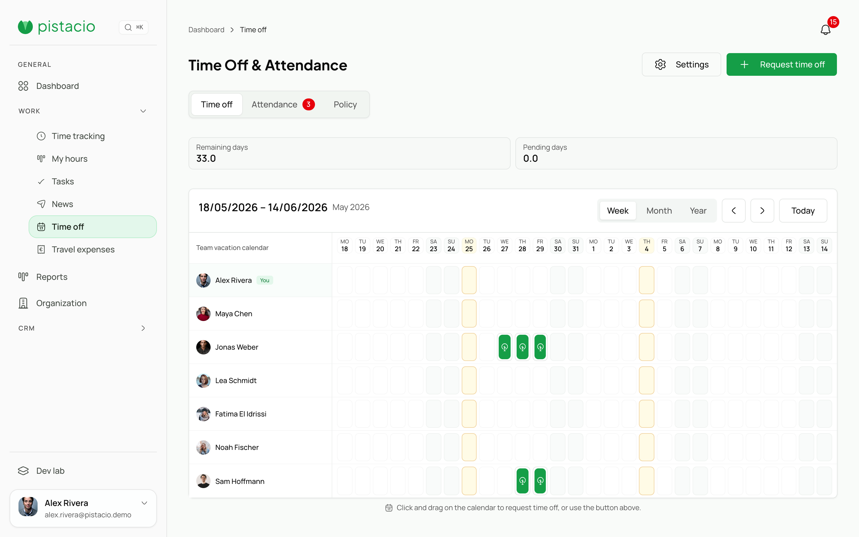 Time off with balances, requests, and team coverage.