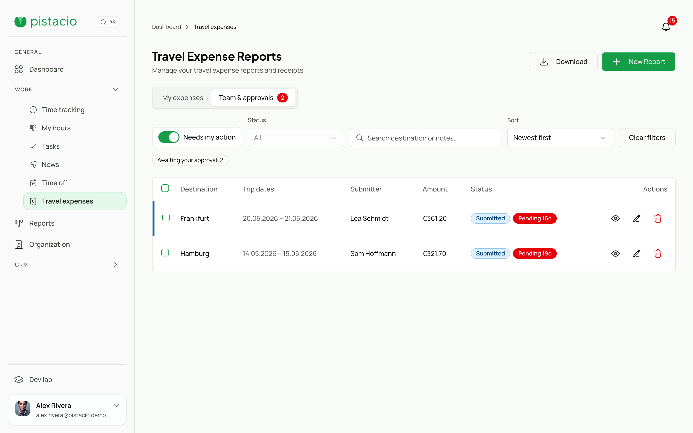 Travel expenses with receipts, categories, and approval status.