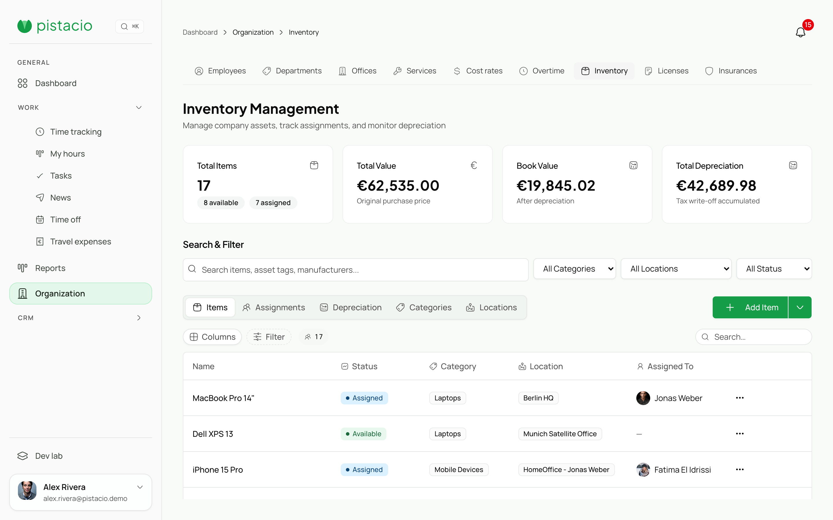 Inventory with stock levels, availability, and project links.