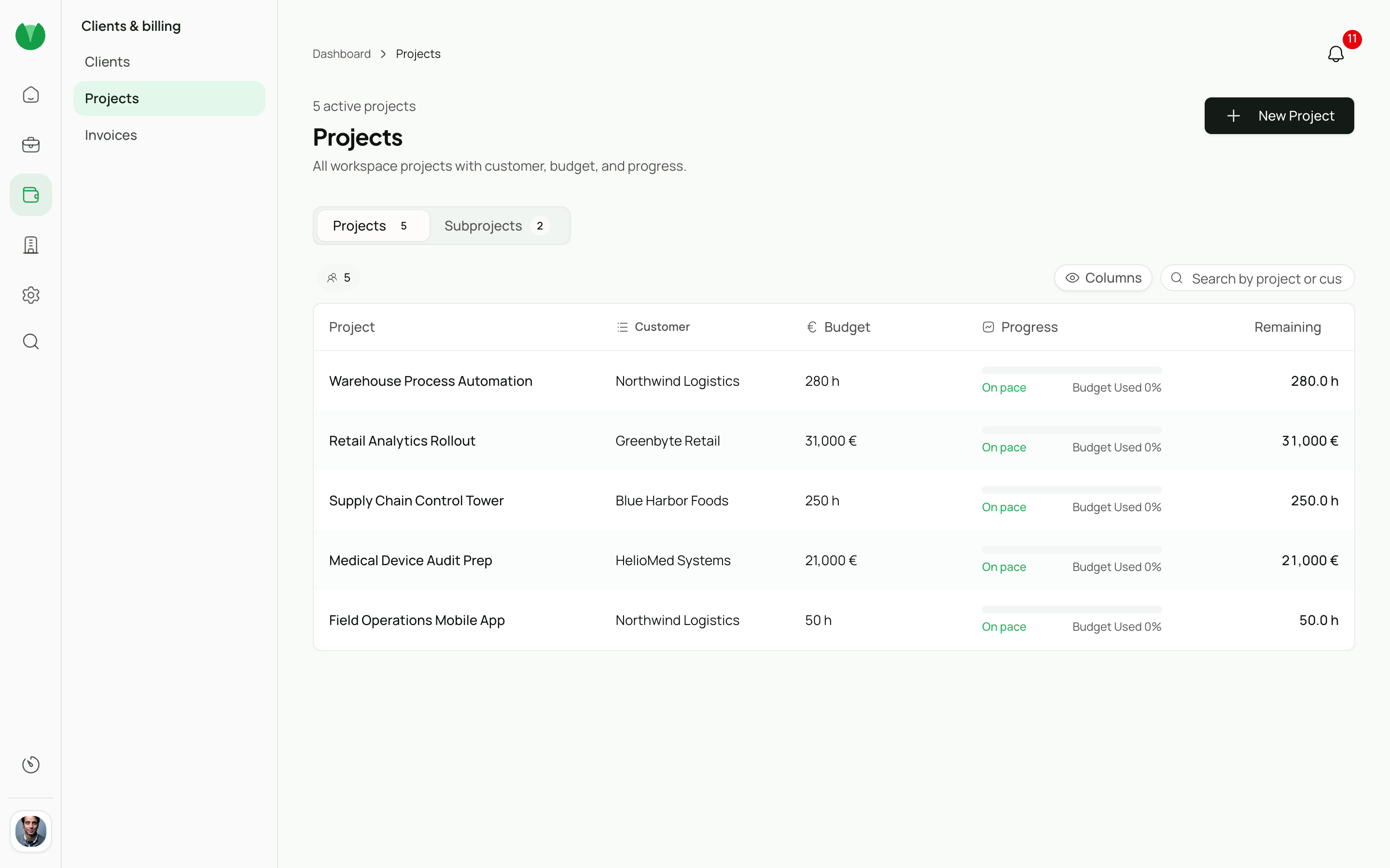 Project view with budget, logged hours, and milestones.