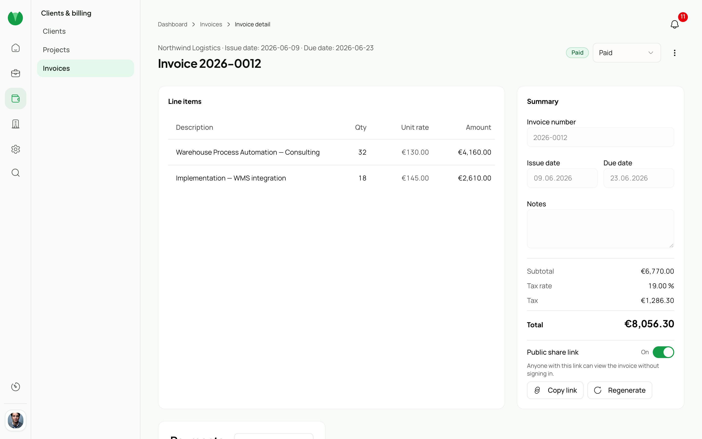Invoice view with line items, tax breakdown, total, and public share link.