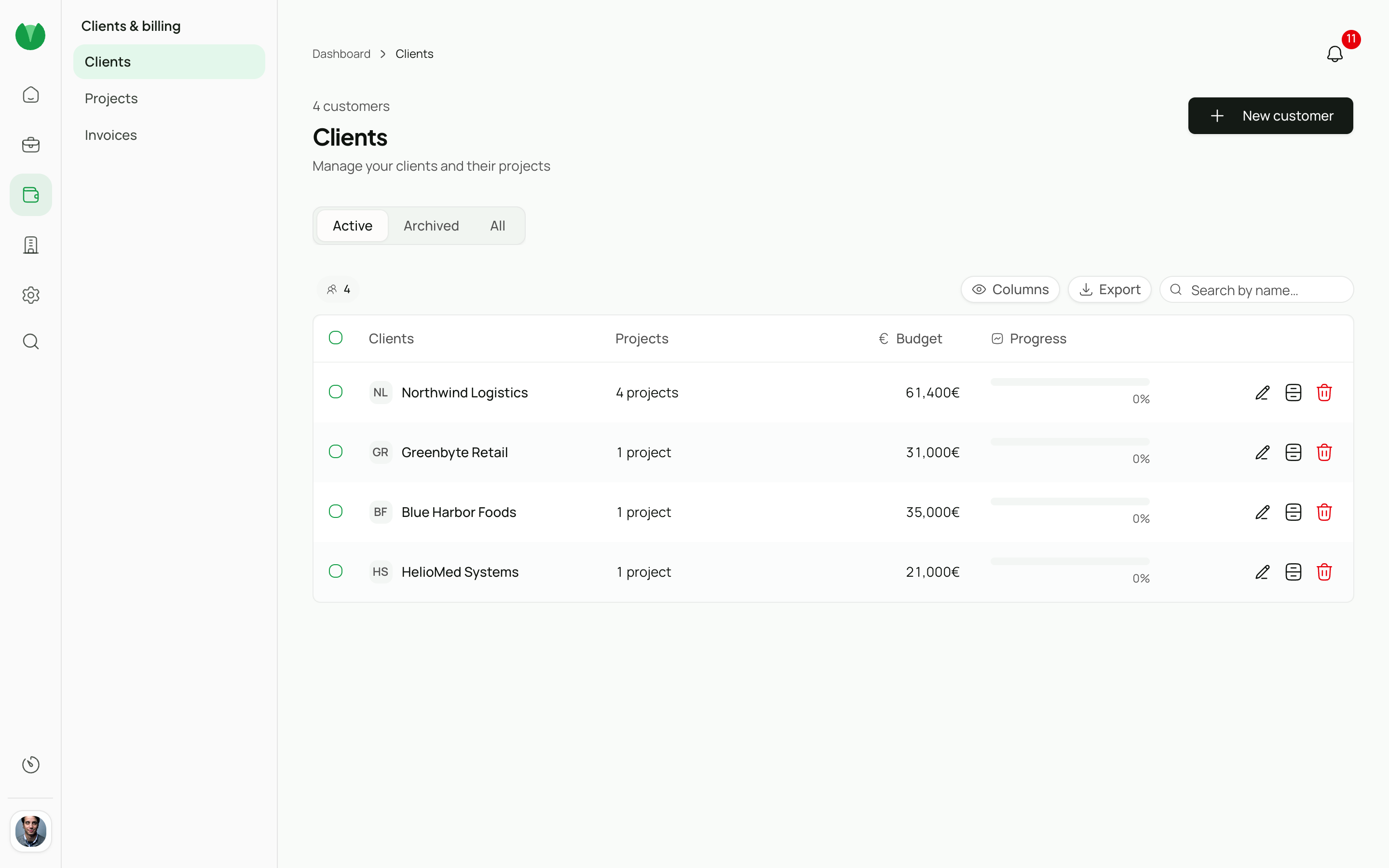 Customers view with contacts, status, and related projects.
