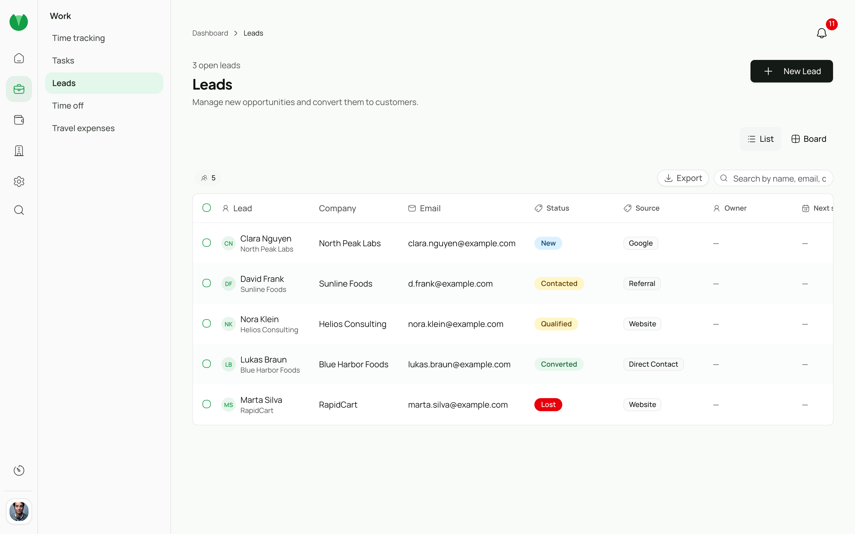 Leads pipeline with stages, owners, and next steps.